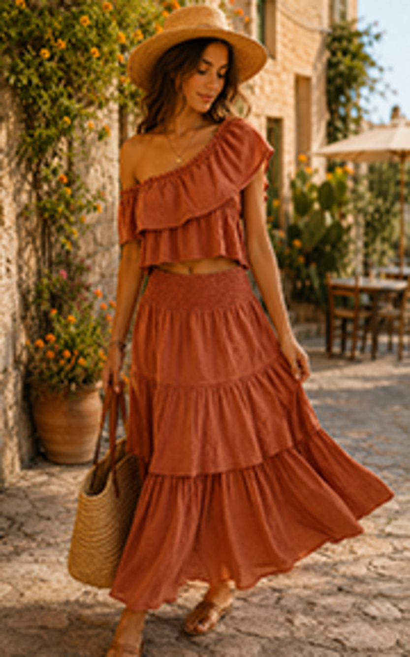Free People Boho Matching Set Rust Off Shoulder Crop Top Tiered Maxi Skirt Small